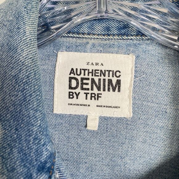 Zara Trafaluc Jean Jacket Women M Blue Denim Distressed Oversized Trucker Grunge - Picture 3 of 9